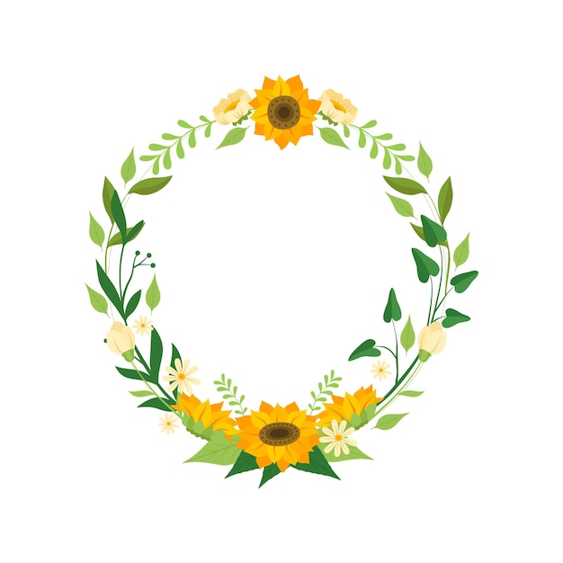 Corona floral con girasoles Marco circular con hojas flores y lugar para el texto Elemento de diseño para tarjeta de felicitación Invitación Banner Ilustración vectorial en fondo blanco