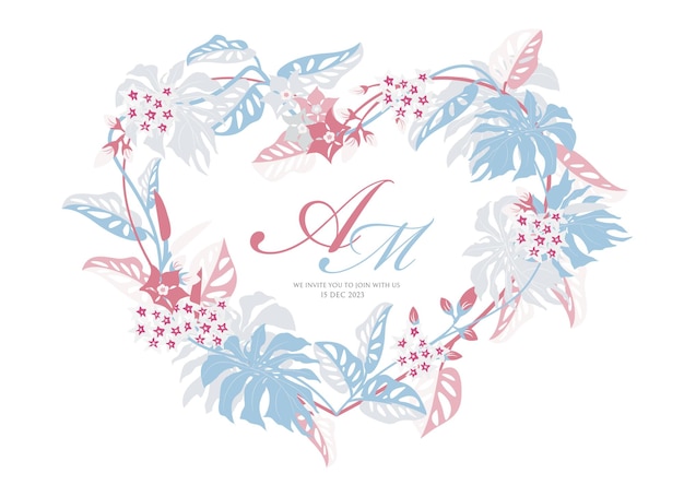 Una corona floral con las letras A y M sobre un fondo blanco.