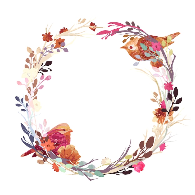 Vector corona floral con pájaros