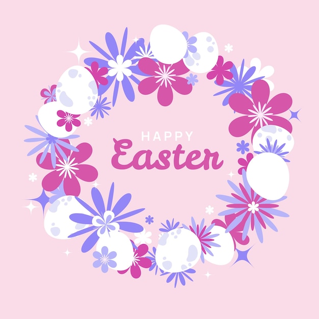Corona floral de Pascua con huevos decorados en un fondo rosa pastel Vector