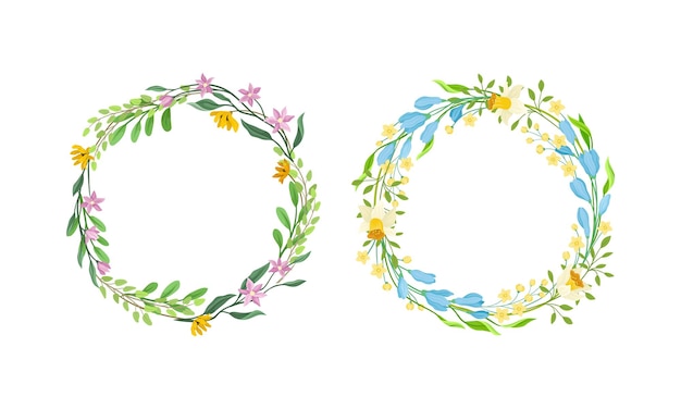 Corona floral con rama de árbol frondoso y flores de verano en flor Conjunto vectorial