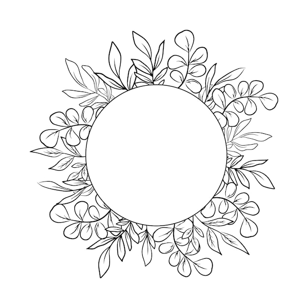 Corona floral redonda con hojas dibujadas a mano para el diseño