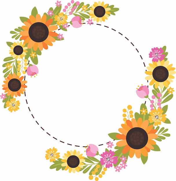 una corona de flores y un círculo con una imagen de girasoles