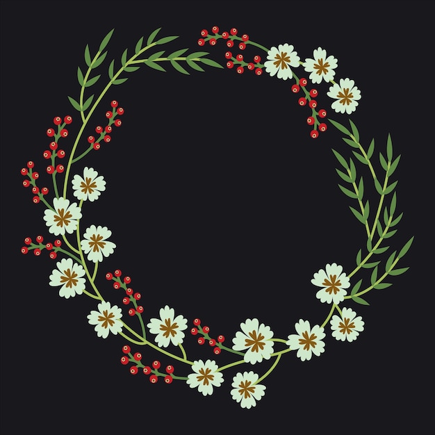Corona de flores con flores rojas blancas y hojas verdes sobre un fondo negro