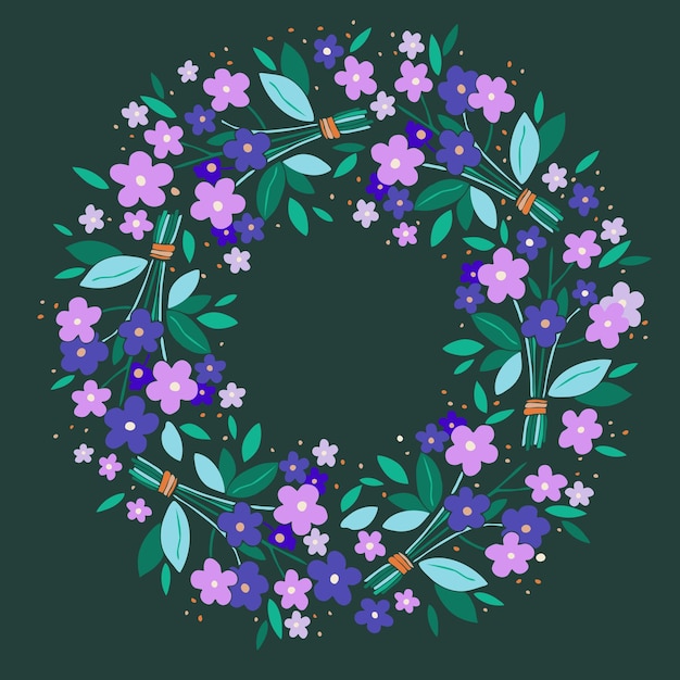 Corona de flores y hojas de nomeolvides en un patrón sin costuras de fondo verde de estilo rústico