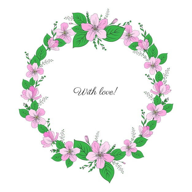 Corona de flores de manzana marco redondo dibujado a mano boceto vectorial boceto de hierbas ilustración colorida rosa