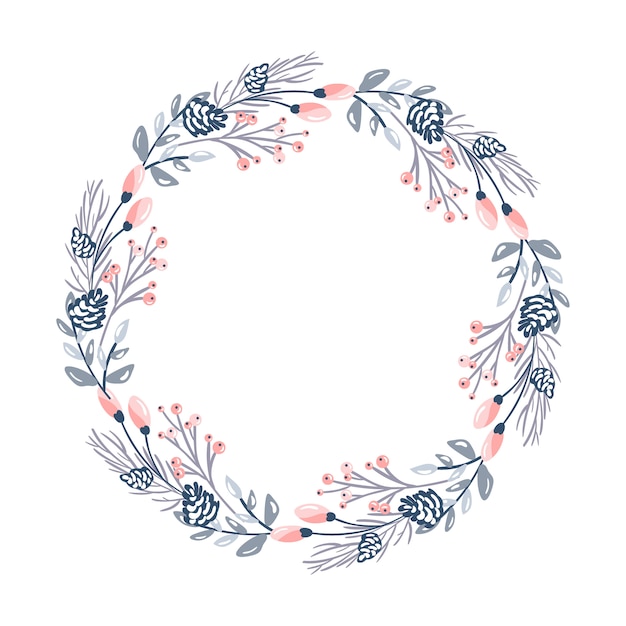 Corona de flores de Navidad y bayas rojas en ramas de hoja perenne