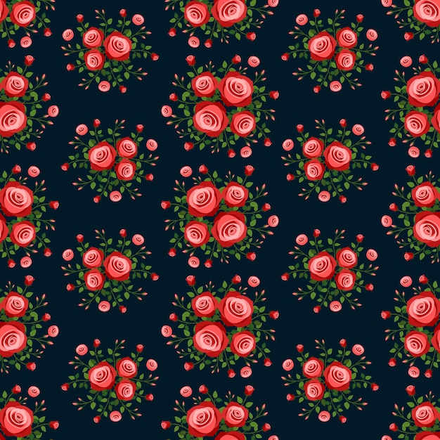 Corona de flores de rosa roja estilo hiedra con rama y hojas fondo de patrón sin costuras