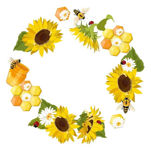 Corona con flores silvestres mariquitas y abejas Ilustración vectorial