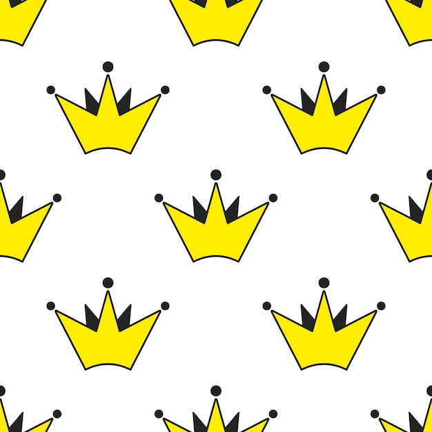 Corona de garabateo amarillo estilizado con contorno negro sobre fondo blanco patrón sin costuras vectorial