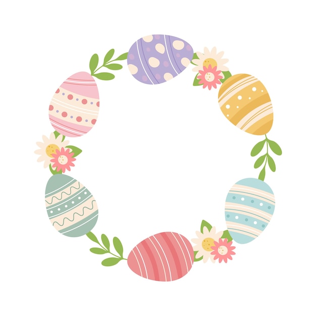 Corona de huevos de Pascua con decoraciones florales Marco festivo para las vacaciones de primavera Ilustración vectorial