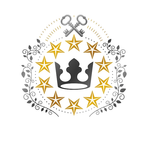 Corona imperial, emblema de la estrella militar. escudo de armas heráldico, logotipo vectorial vintage. logotipo retro aislado sobre fondo blanco.