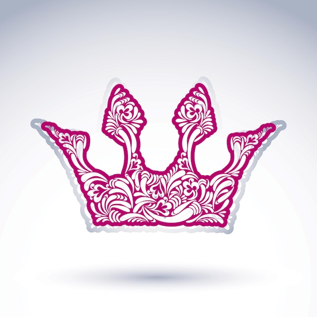 Corona imperial con estampado de flores aislada sobre fondo blanco. Corona majestuosa decorada con flores, elemento de diseño vectorial de tema imperial.