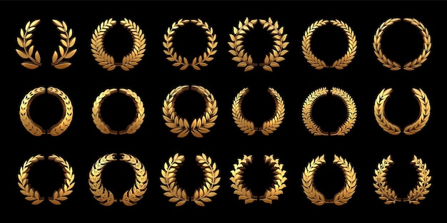 Corona de laurel dorada 3D Bordes ornamentales de trigo dorado marco heráldico redondo y rama de círculo premium con conjunto de vectores de hojas