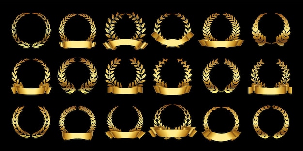Corona de laurel de oro Insignia de trofeo romano Emblema de rama dorada con hojas y cinta Conjunto de vector de borde de círculo de laureles elegantes