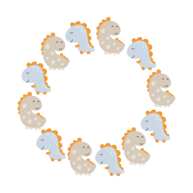 Corona de marco vectorial circular con dinosaurios y dino con letras a mano con lugar para el texto sobre fondo blanco.