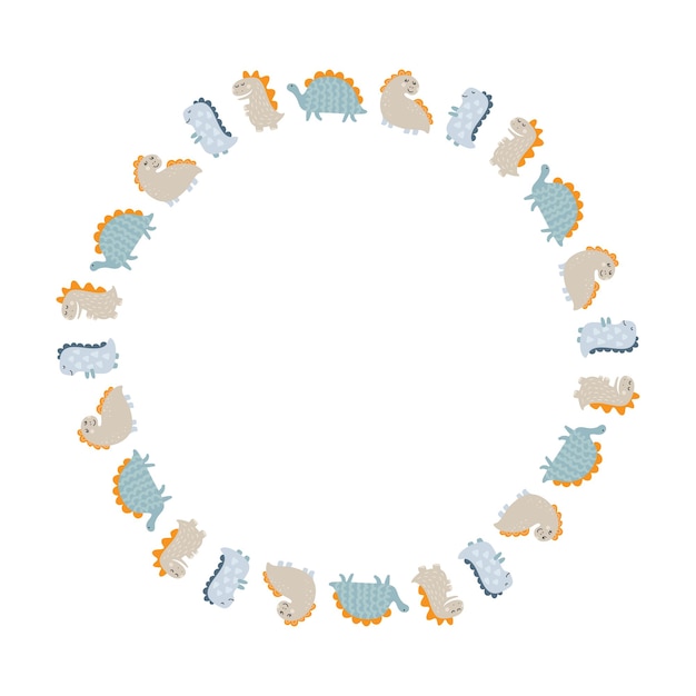 Corona de marco vectorial circular con dinosaurios y dino con letras a mano con lugar para el texto de tu bebé sobre fondo blanco.