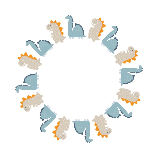 Corona de marco vectorial circular con dinosaurios y dino con letras a mano con lugar para el texto
