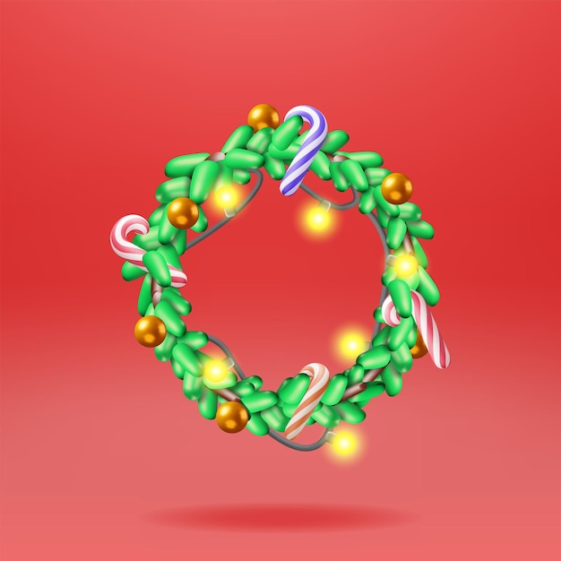 Corona de Navidad 3D con bolas de cristal de guirnalda renderizado aislado Árbol de hoja perenne Ramas de abeto Feliz año nuevo Decoración Feliz Navidad Vacaciones Año nuevo y celebración de Navidad Ilustración vectorial