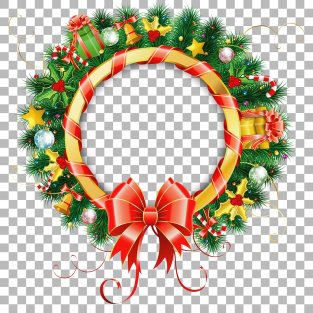Corona de Navidad y año nuevo con regalo, ramas de abeto, serpentina de oro y dulces.