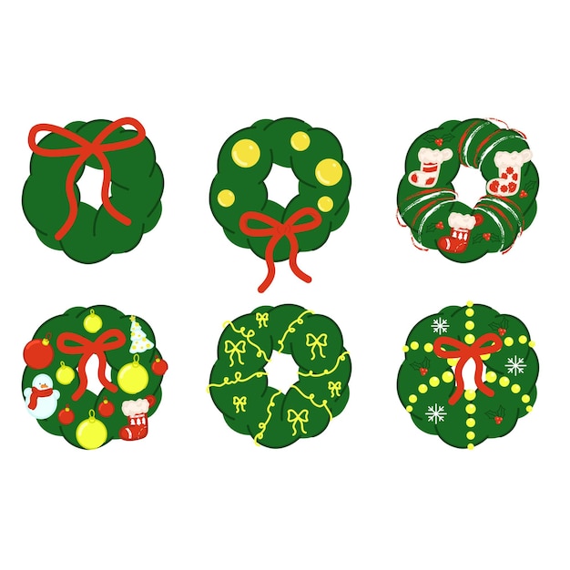 Corona de Navidad con arco y guirnalda Ilustración vectorial plana