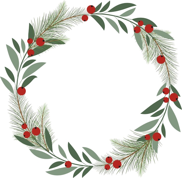 Corona de Navidad con bayas rojas en ramas de hojas verdes y hojas aisladas sobre fondo blanco