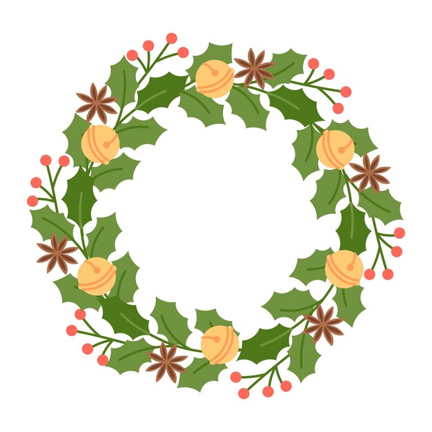 Corona de Navidad decorada con campanas de Navidad bayas rojas y anís