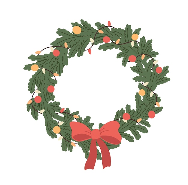 Corona de navidad de dibujos animados, guirnaldas, ramas de abeto y lazo rojo. decoración de vacaciones | Vector Premium Corona de navidad de dibujos animados, guirnaldas, ramas de abeto y lazo rojo. decoración de vacaciones | Vector Premium