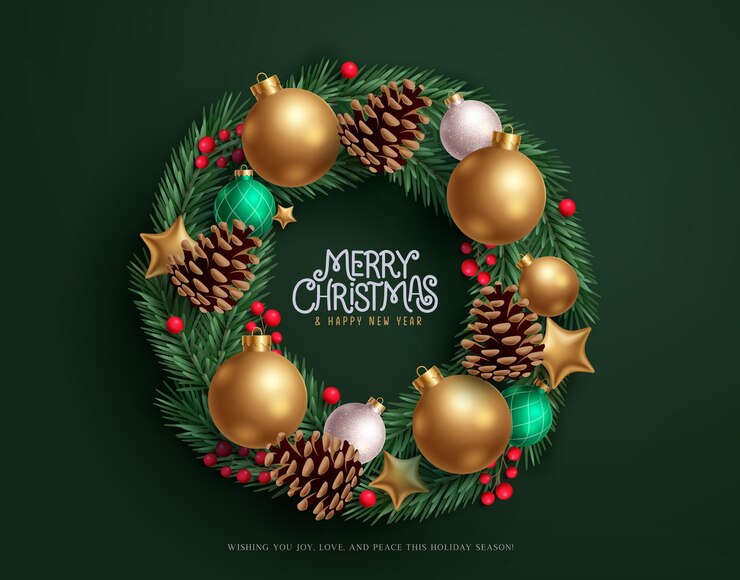 Vector corona de navidad diseño vectorial de guirnaldas corona de coronas elementos de navidad con bolas de oro estrellas de abeto