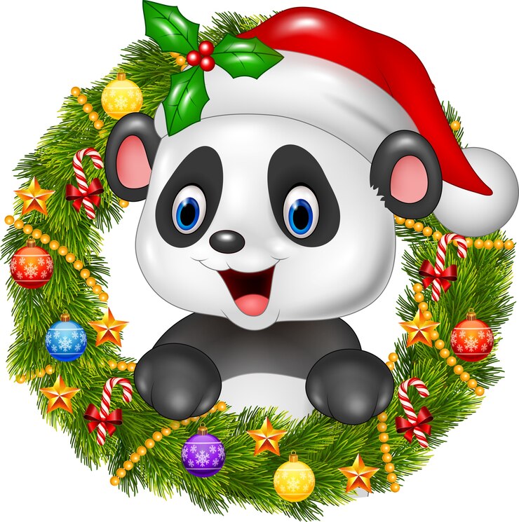 Vector corona de navidad con feliz oso panda