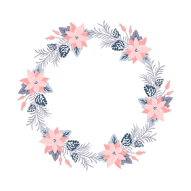 Corona de Navidad con flores rosas y ramas de cono con lugar para texto