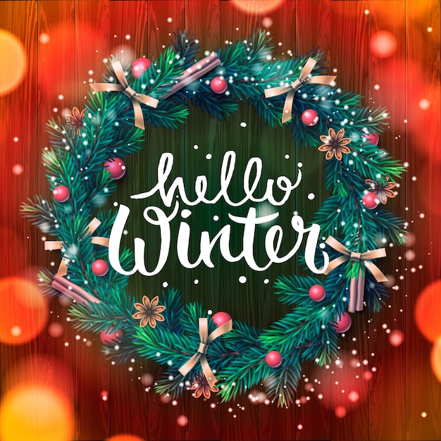 Vector corona de navidad con guirnaldas hola ilustración de vector de letras de invierno