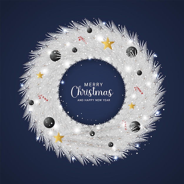 Corona de Navidad con hojas blancas con bolas y dulces y nieve con luces