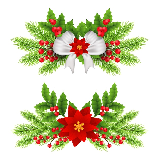 Corona de Navidad de hojas de cerezas de rama de abeto y cinta brillante blanca y roja