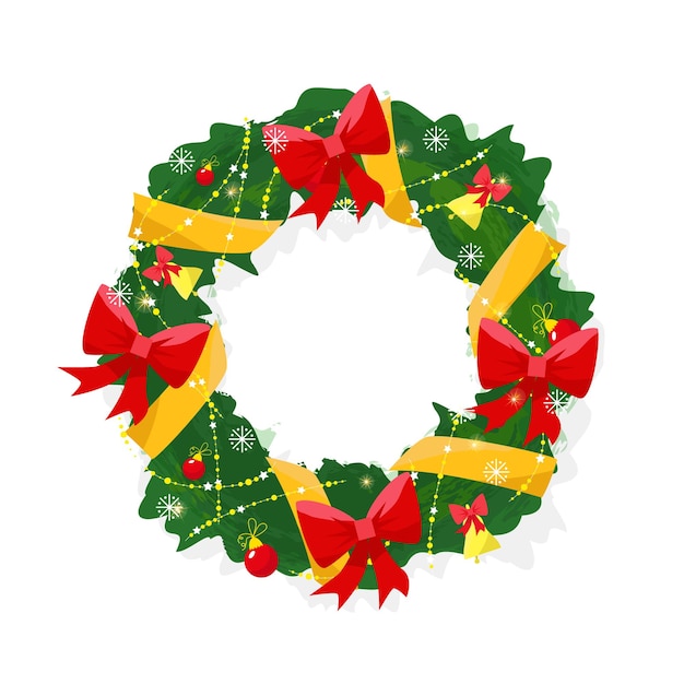 Corona de Navidad con lazos rojos, cintas amarillas, bolas y cadena de bombillas, guirnalda, feliz año nuevo, vacaciones de invierno, estilo plano.