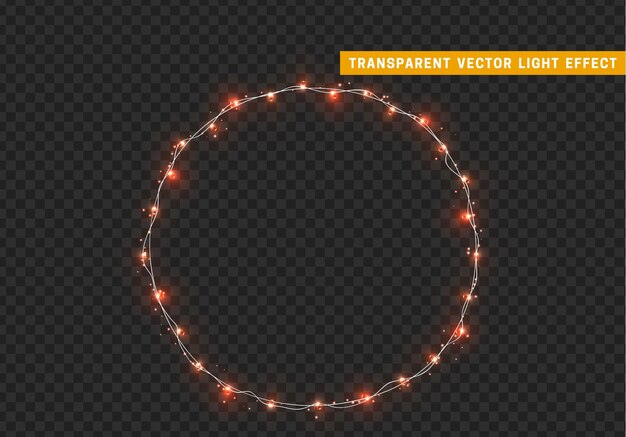 Corona de navidad, marco de brillantes luces de guirnaldas de año nuevo. anillo redondo de decoración navideña con efecto de luz. aislado en un fondo transparente. elemento de diseño ilustración vectorial