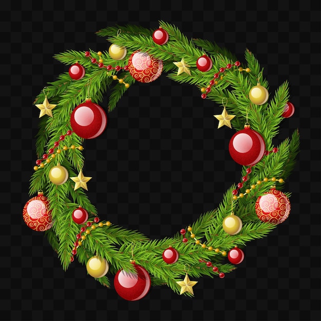 Corona de Navidad - objeto realista aislado vector moderno sobre fondo transparente. Decoración luminosa con ramas de abeto, guirnaldas, bolas rojas y doradas y estrellas. Perfecto como tarjeta de felicitación, invitación.