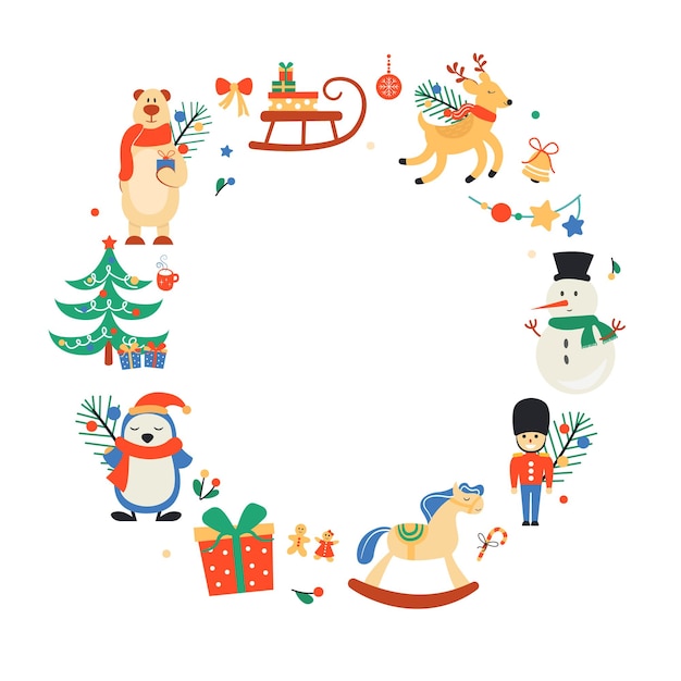 Corona de Navidad con personajes divertidos y elementos de Año Nuevo. ilustración vectorial