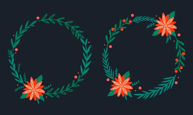 Corona de Navidad con Poinsettia y pino. Marco de vacaciones.