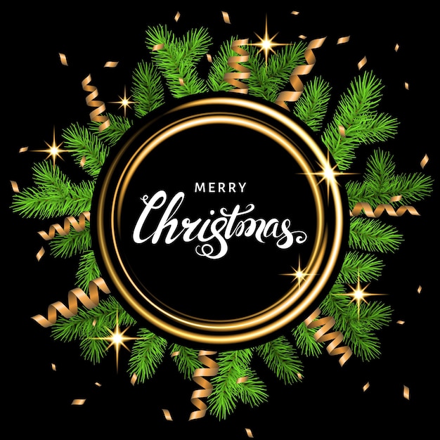 Corona de Navidad con rama de abeto, serpentina dorada y letras blancas sobre fondo negro. Abeto verde. Plantilla de vector para tarjetas de Navidad, carteles de fiesta de año nuevo.