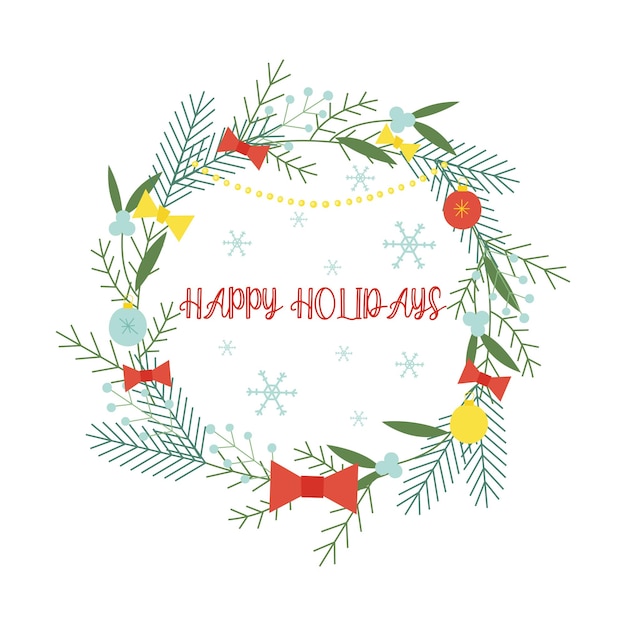 Corona de Navidad con ramas de abeto bolas de Navidad y tortilla Ilustración plana vectorial para el saludo