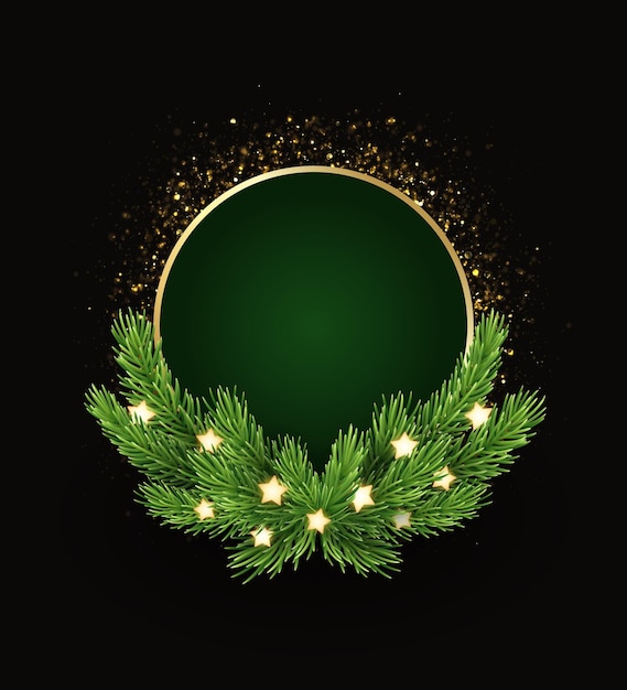 Corona de Navidad con ramas de pino brillo dorado y estrellas brillantes Plantilla vectorial vertical redonda