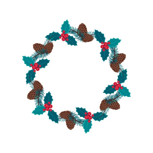 Corona de navidad redonda de ramas de abeto azul con hojas de conos y bayas de acebo decoración festiva ...