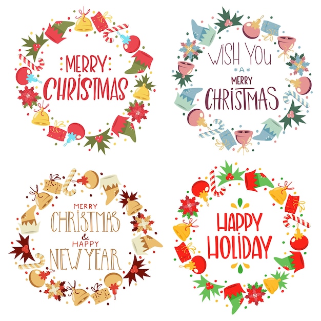 Corona de Navidad con texto de saludo escrito a mano, elementos decorativos de vacaciones de dibujos animados conjunto aislado sobre fondo blanco.