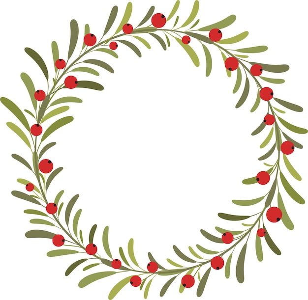 Corona de Navidad vectorial con bayas rojas en hojas verdes aisladas sobre fondo blanco