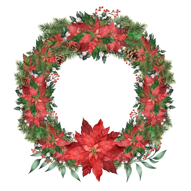 Corona navideña Corona navideña de abeto con conos de bayas rojas poinsettias