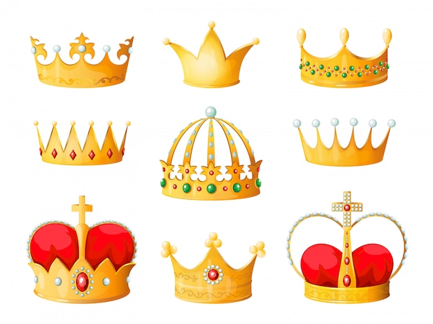 Corona de oro de dibujos animados. Oro amarillo emperador príncipe reina coronas coronación de diamantes tiara coronación emojis corona aislado