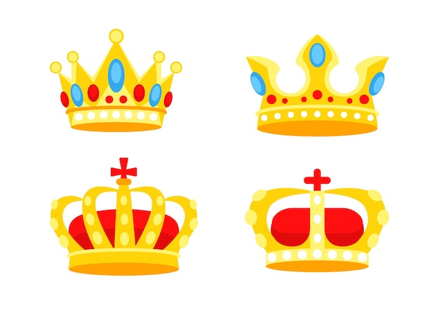 Corona de oro Tocado de coronación para el rey y la reina Joyas reales de oro Ilustración vectorial