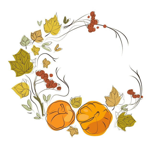 Corona de otoño con calabazas naranjas y hojas de otoño y serbas. Borde vectorial