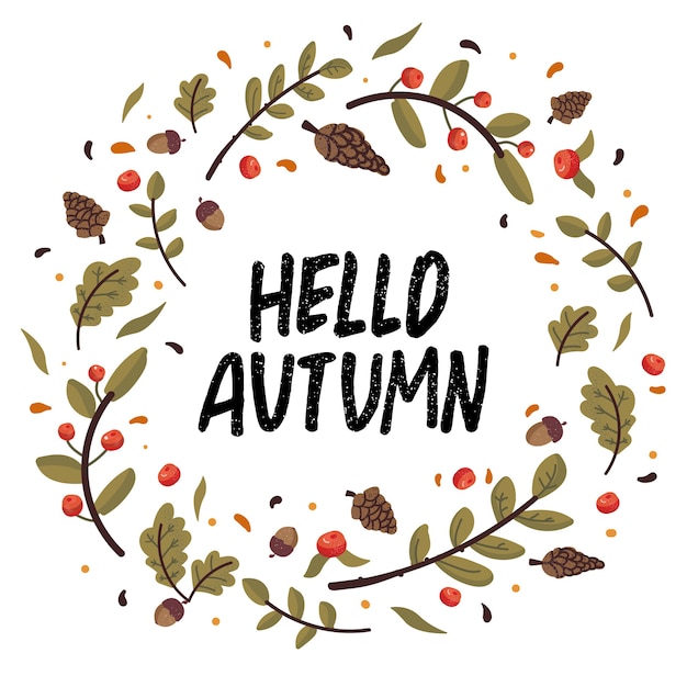corona de otoño con hojas caídas, conos, bellotas y letras. Colección de recortes de elementos de la temporada de otoño. Tarjeta de felicitación de otoño